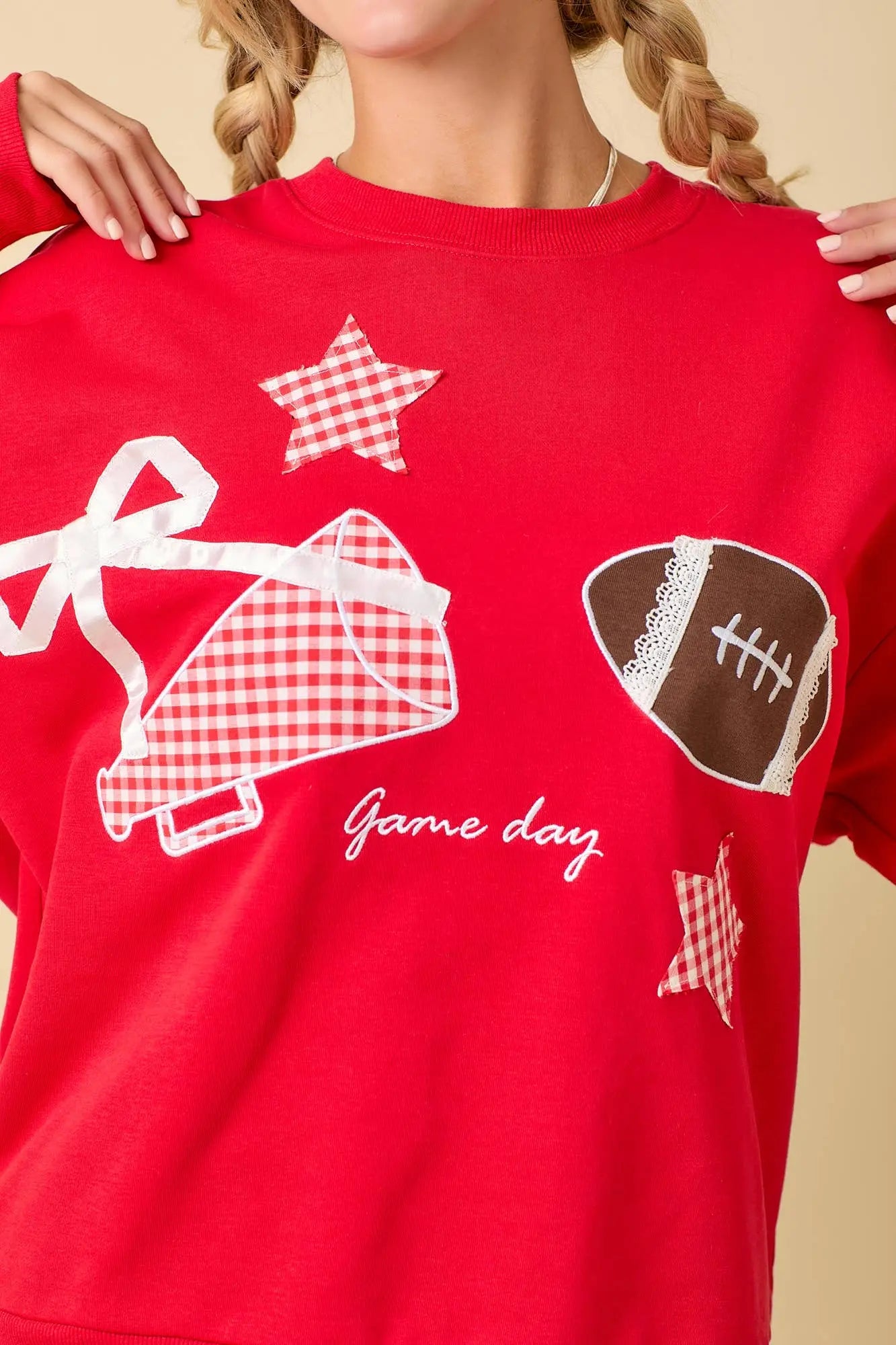 Football Game Day Patchwork Long Sleeve Crewneck Top: RED / S Main Strip