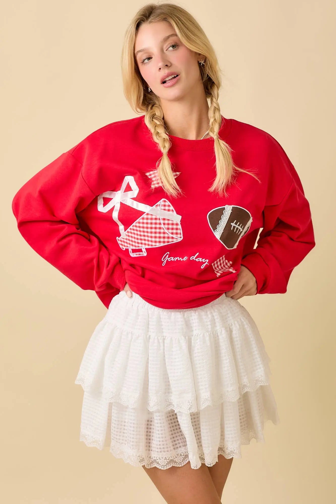 Football Game Day Patchwork Long Sleeve Crewneck Top: RED / S Main Strip