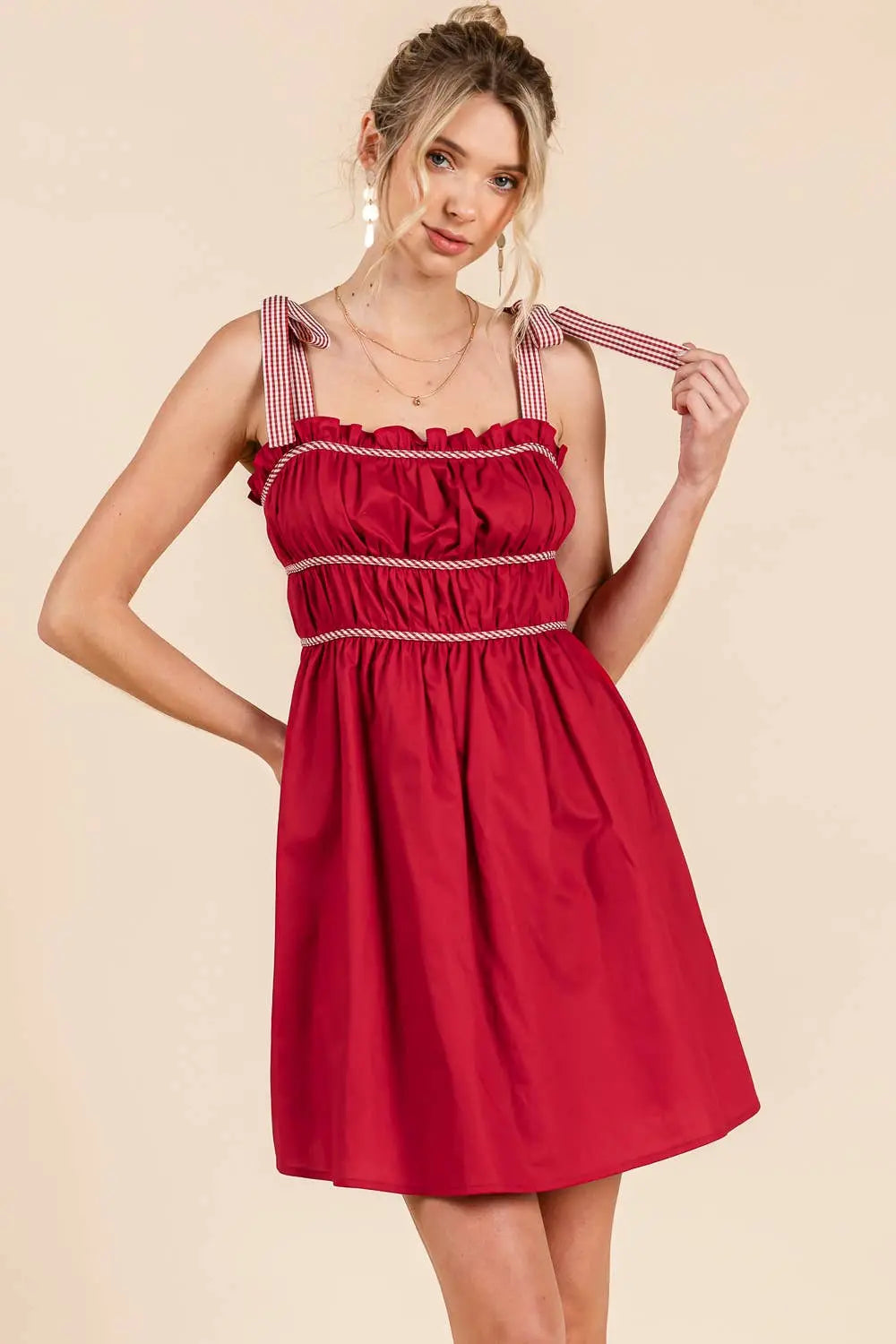 Gameday Cotton mini dress with gingham binding details: MAROON / L BABY PINK