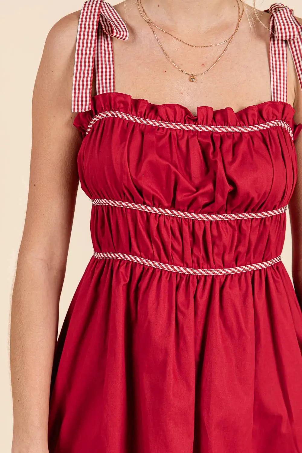 Gameday Cotton mini dress with gingham binding details: MAROON / L BABY PINK