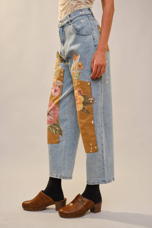 Autumn Floral Patchwork Barrel Leg Jeans – Light Wash