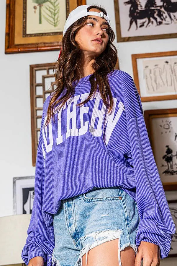 T1770L 'SOUTHERN' Comfy Oversize Graphic Sweatshirt, Gameday: PERIWINKLE / S-M-L (2-2-2) BUCKETLIST