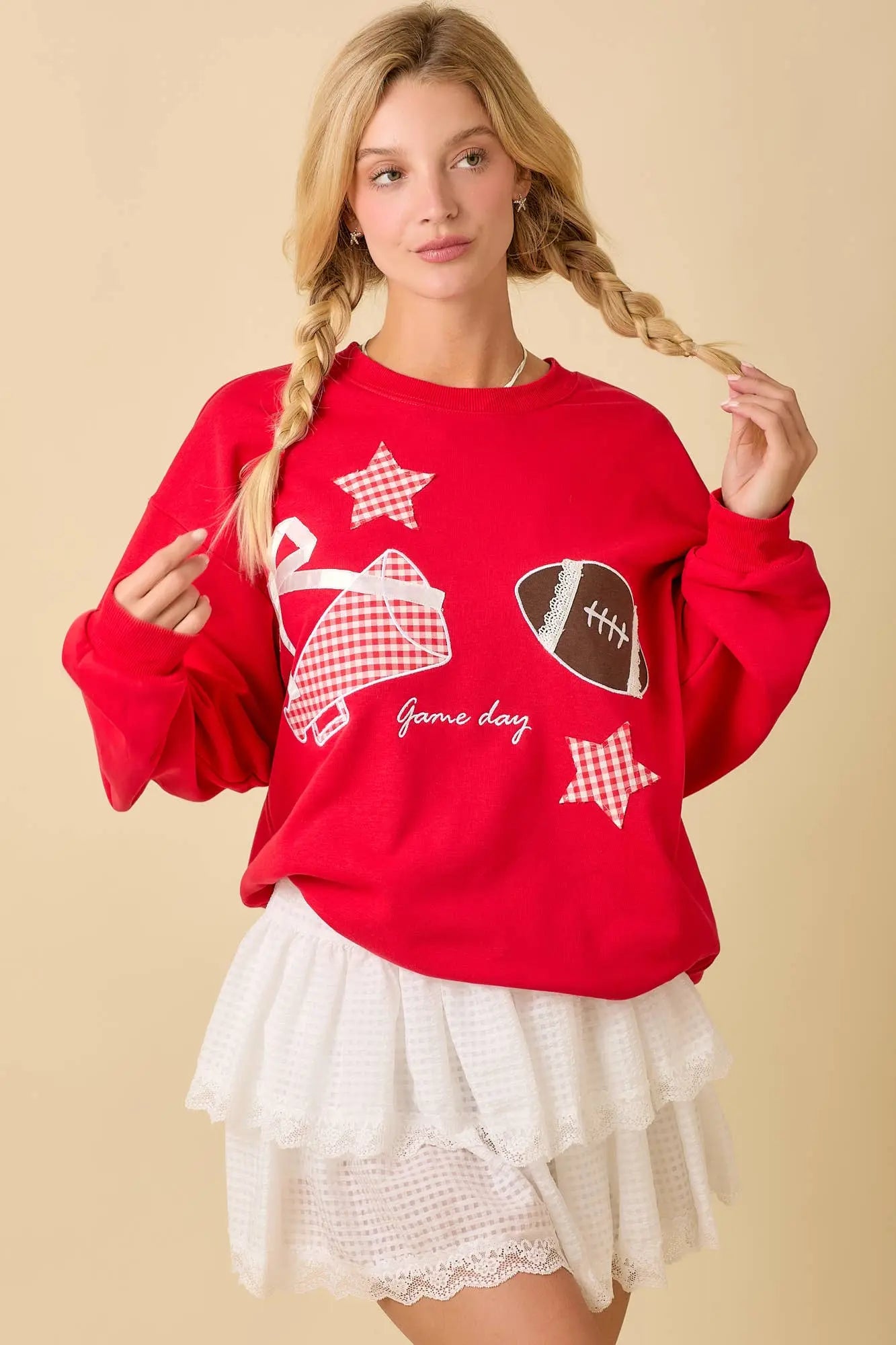 Football Game Day Patchwork Long Sleeve Crewneck Top: RED / S Main Strip