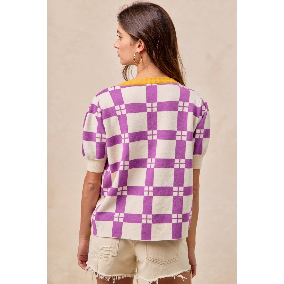 GAMEDAY THEME CHECKER PATTERN FOOTBALL PATCHED TOP: PURPLE/GOLD / L
