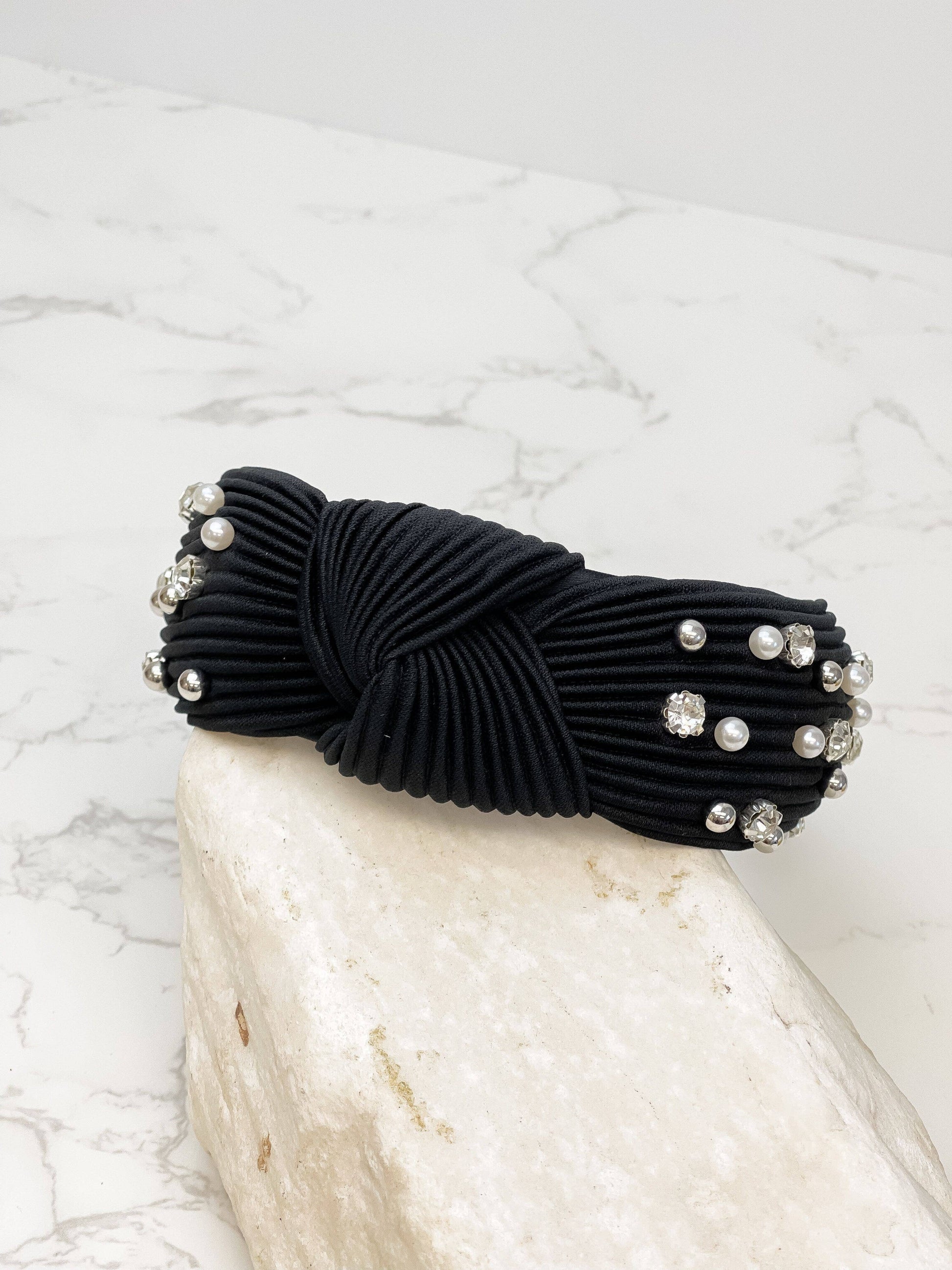 Top Knot Pearl & Rhinestone Pleated Black Headband American Graham Apparel