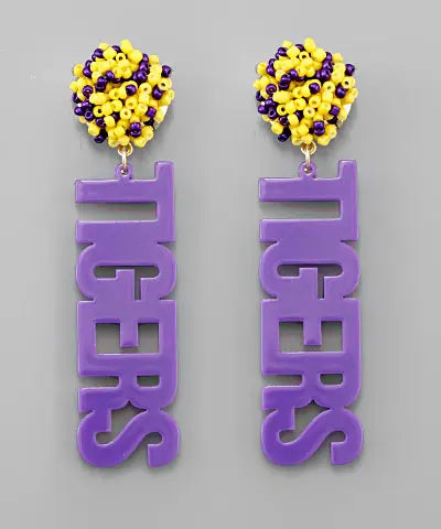 Acrylic Tigers Earrings (Purple & Yellow) American Graham Apparel