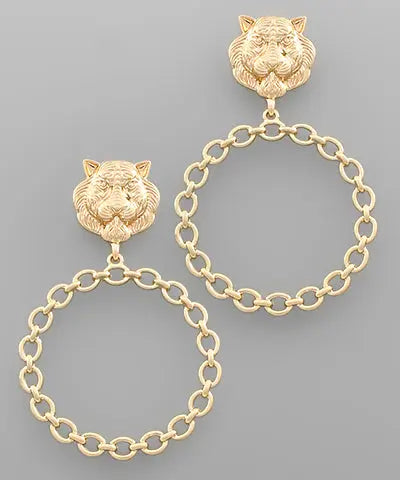 Gold Tiger Head Chain Earrings American Graham Apparel