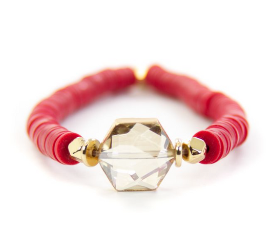 Red Heishi Crystal Glass Encased In 18K Gold Bracelet