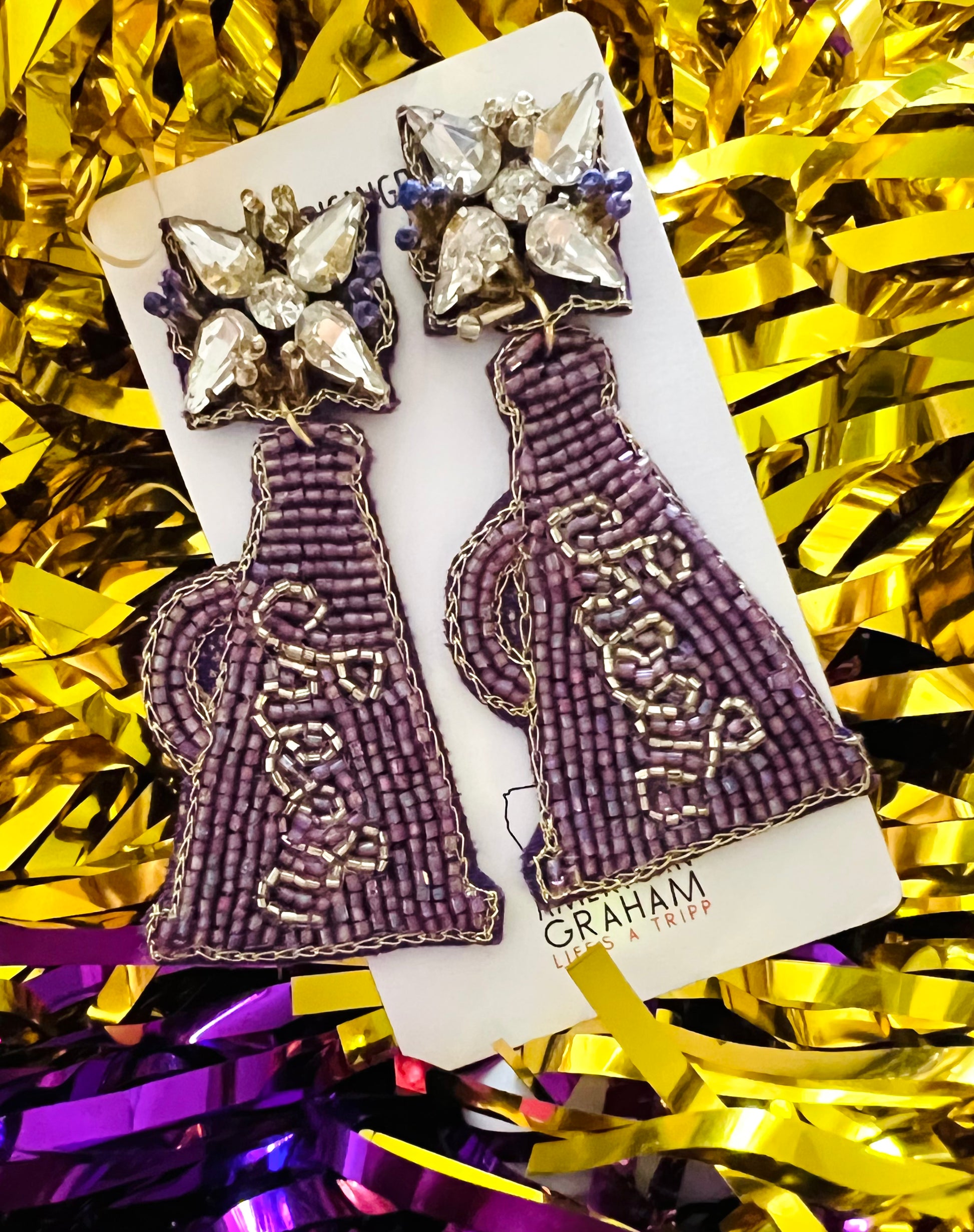 Beaded Purple & Gold Cheer Megaphone Earrings American Graham Apparel