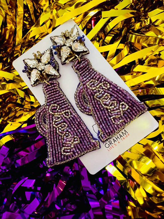 Beaded Purple & Gold Cheer Megaphone Earrings American Graham Apparel