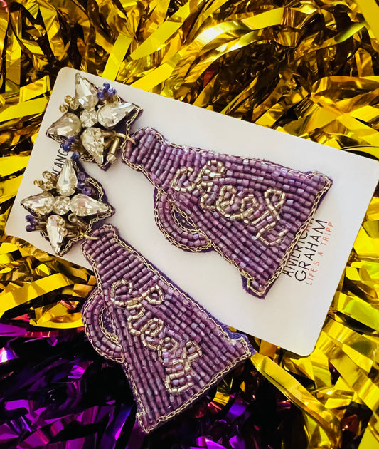Beaded Purple & Gold Cheer Megaphone Earrings American Graham Apparel