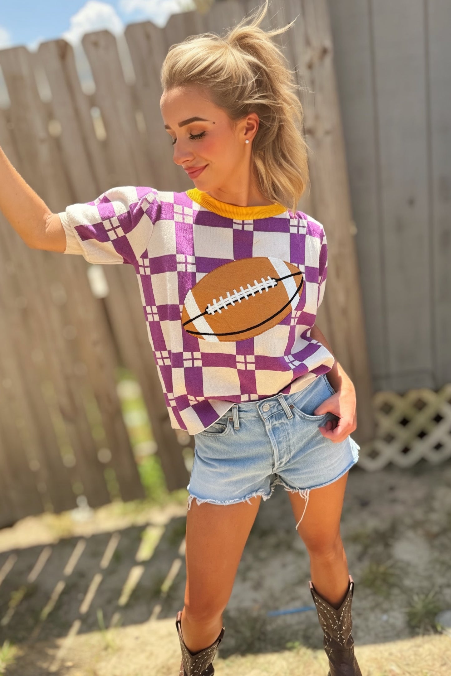 Purple & Gold Checkered Football Patch Game Day Knit Top