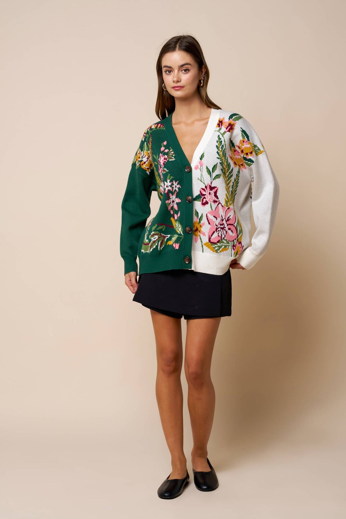 Willow Forest Green & White Floral Color Block Cardigan