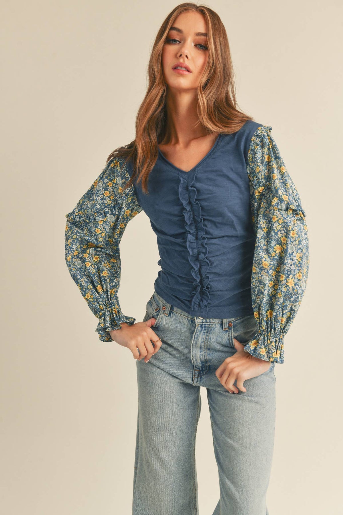 Dusty Blue Floral Puff Sleeve Cotton Blouse