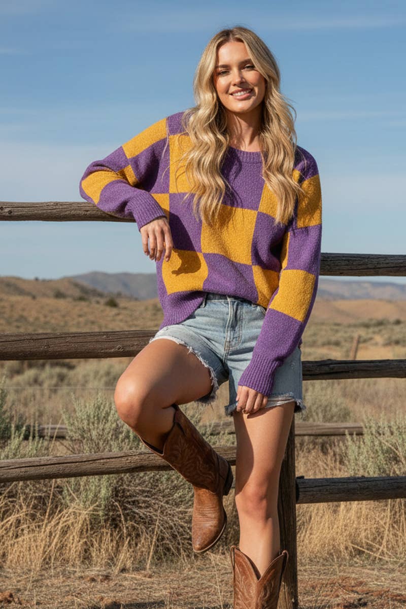 CHECKER SWEATER TOP : PURPLE/YELLOW / L