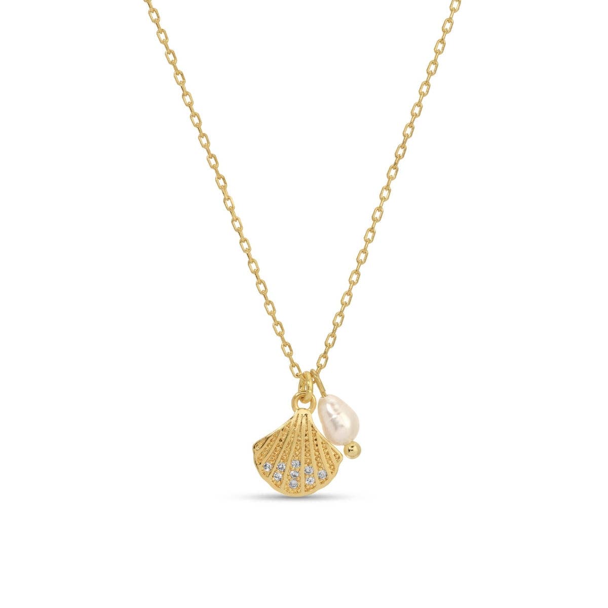 gold scallop shell necklace pearl cubic zirconia coastal beach jewelry dainty gold pendant women