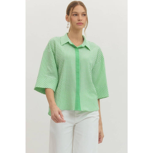 Gingham & Grace Kelly Green Relaxed 3/4 Sleeve Button-Down Top