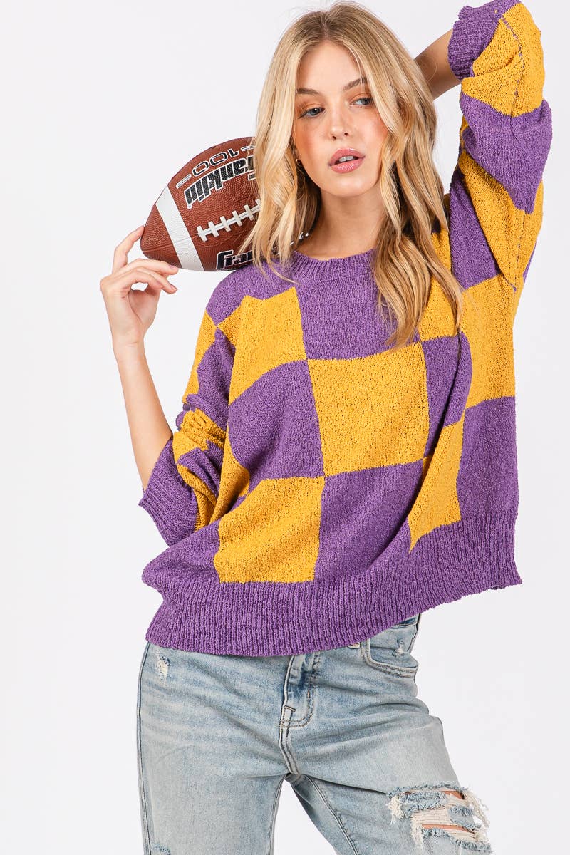 CHECKER SWEATER TOP : PURPLE/YELLOW / L