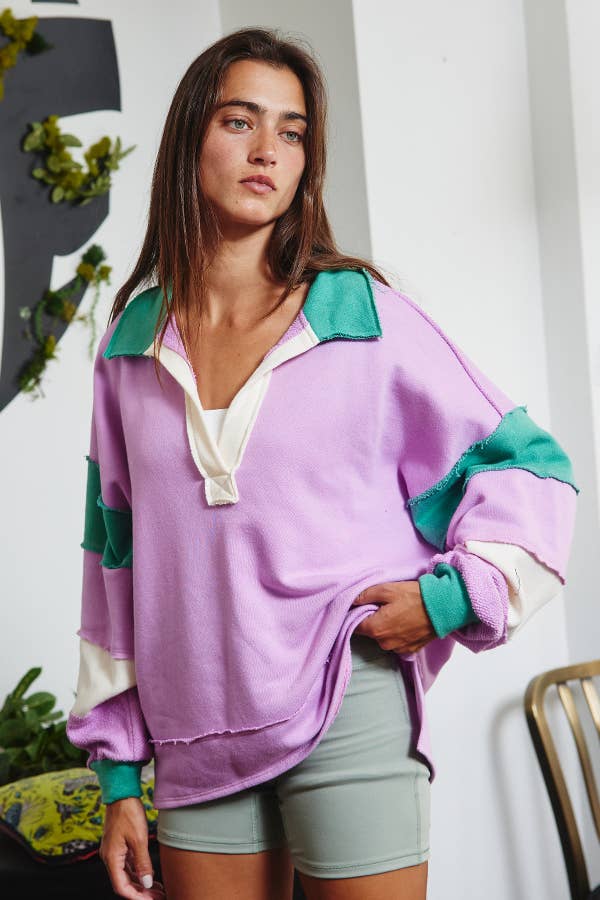 Lilac On The Lawn- French Terry Color-Block Collared Oversized Top