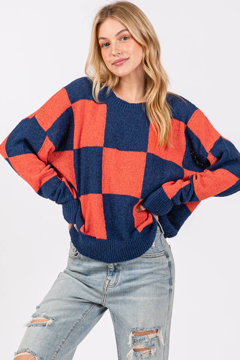 CHECKER SWEATER TOP : PURPLE/YELLOW / L