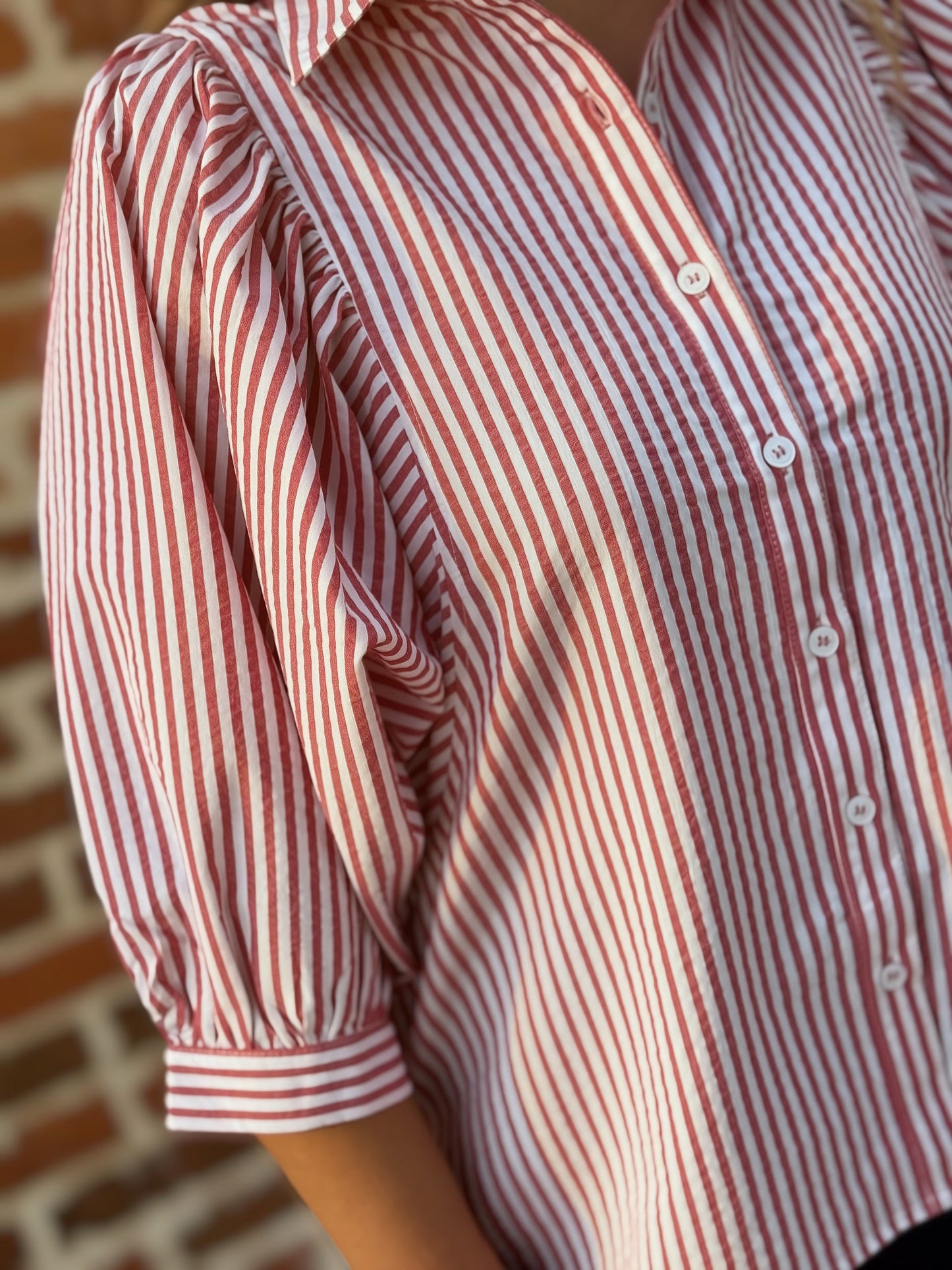 Crimson Charm Striped Puff-Sleeve Blouse