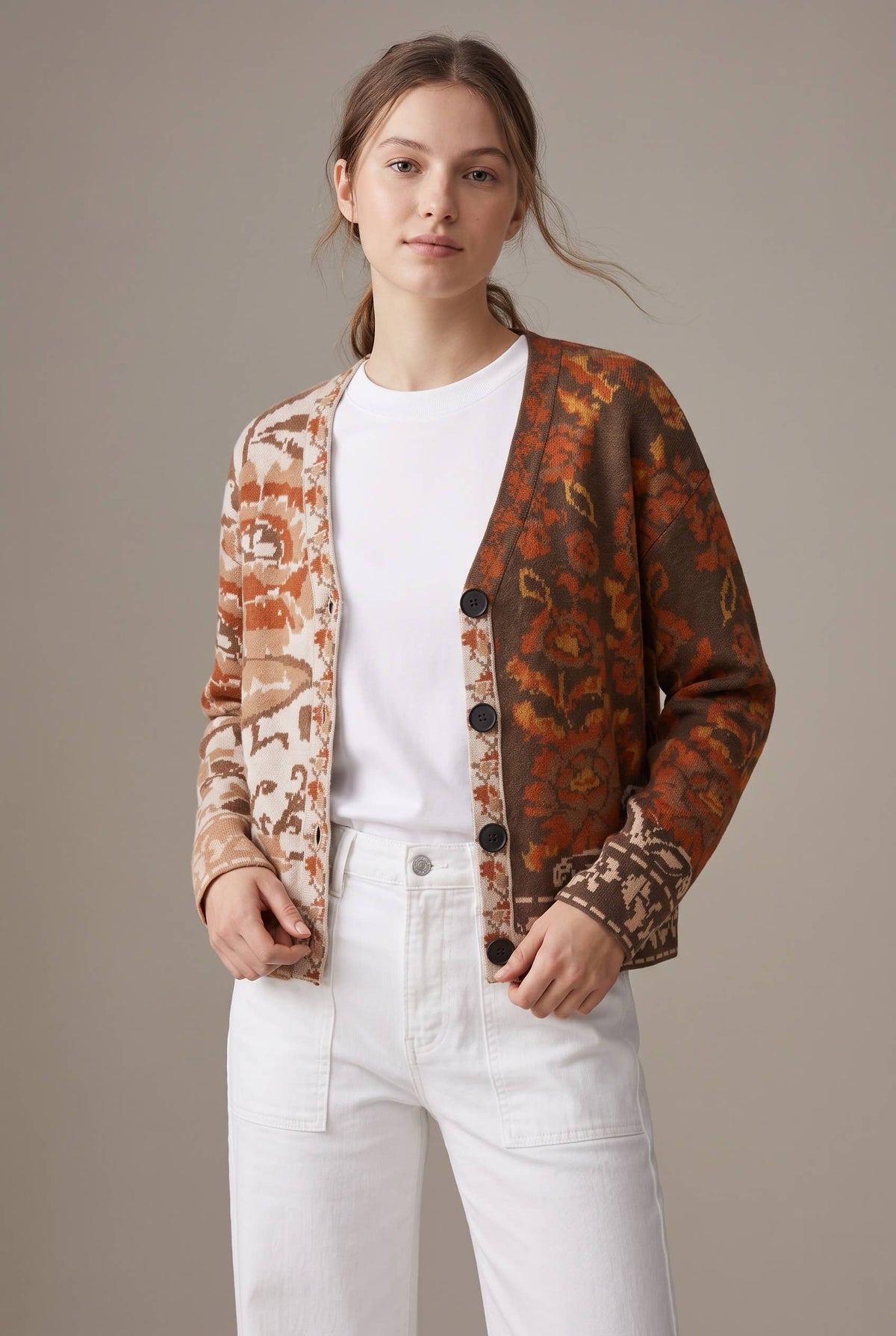 Rustic Fall Mixed Floral Jacquard Button-Front Cardigan