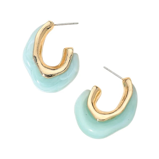 Aqua Marbled Acrylic Hoop Earrings – Gold-Tone Trim