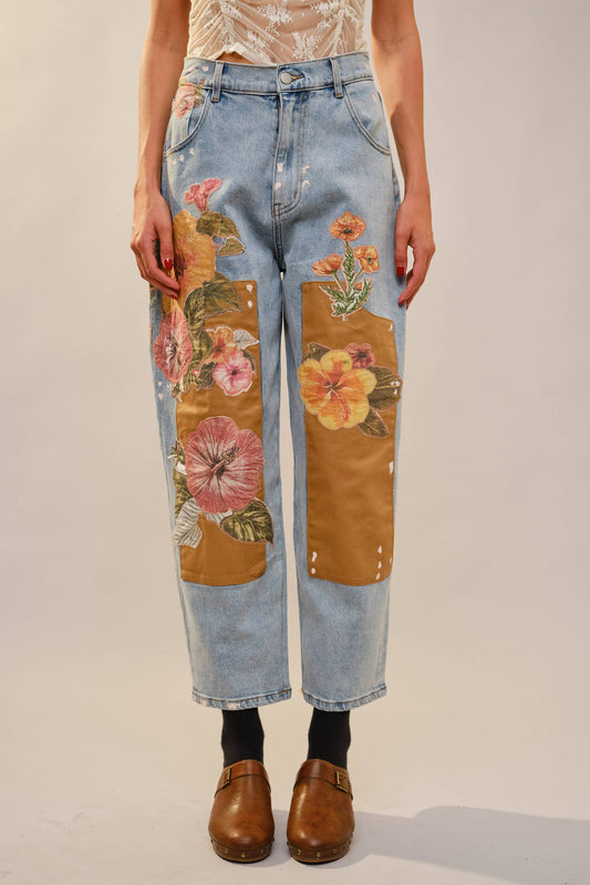 Autumn Floral Patchwork Barrel Leg Jeans – Light Wash