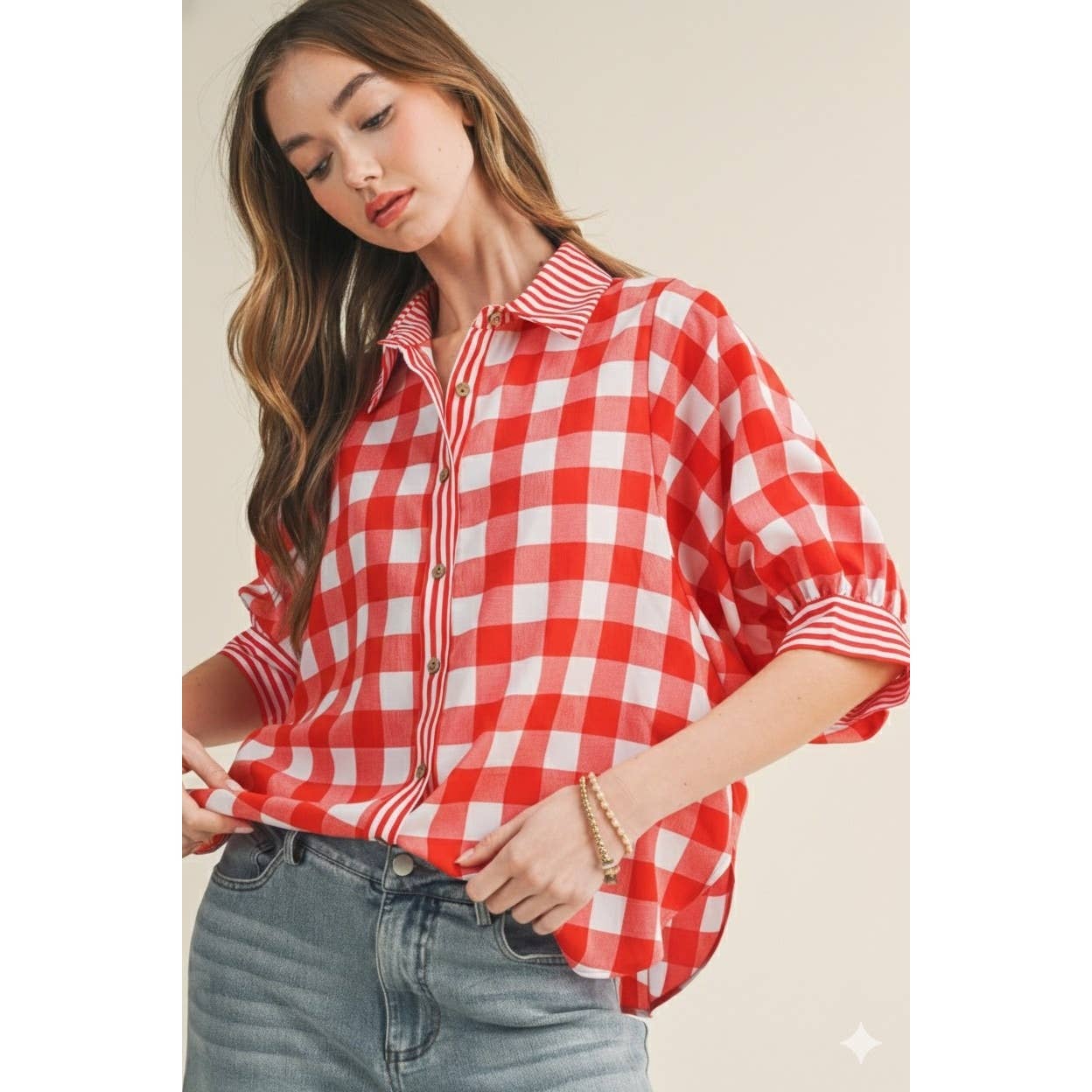 Romantic Gingham Check Pattern Elegant Blouse: RED / S-M-L-XL(2-2-2-1)