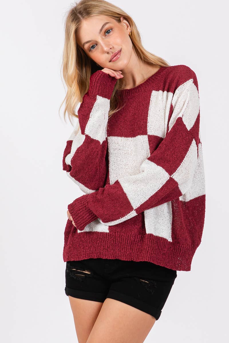 CHECKER SWEATER TOP : PURPLE/YELLOW / L