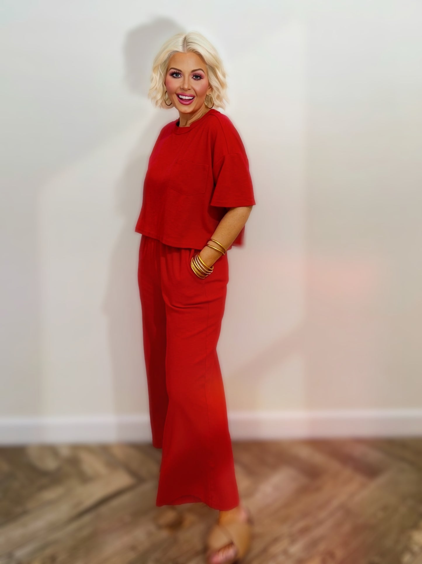 Red Wide-Leg Lounge Pants | Elastic Waist Relaxed Fit Pants