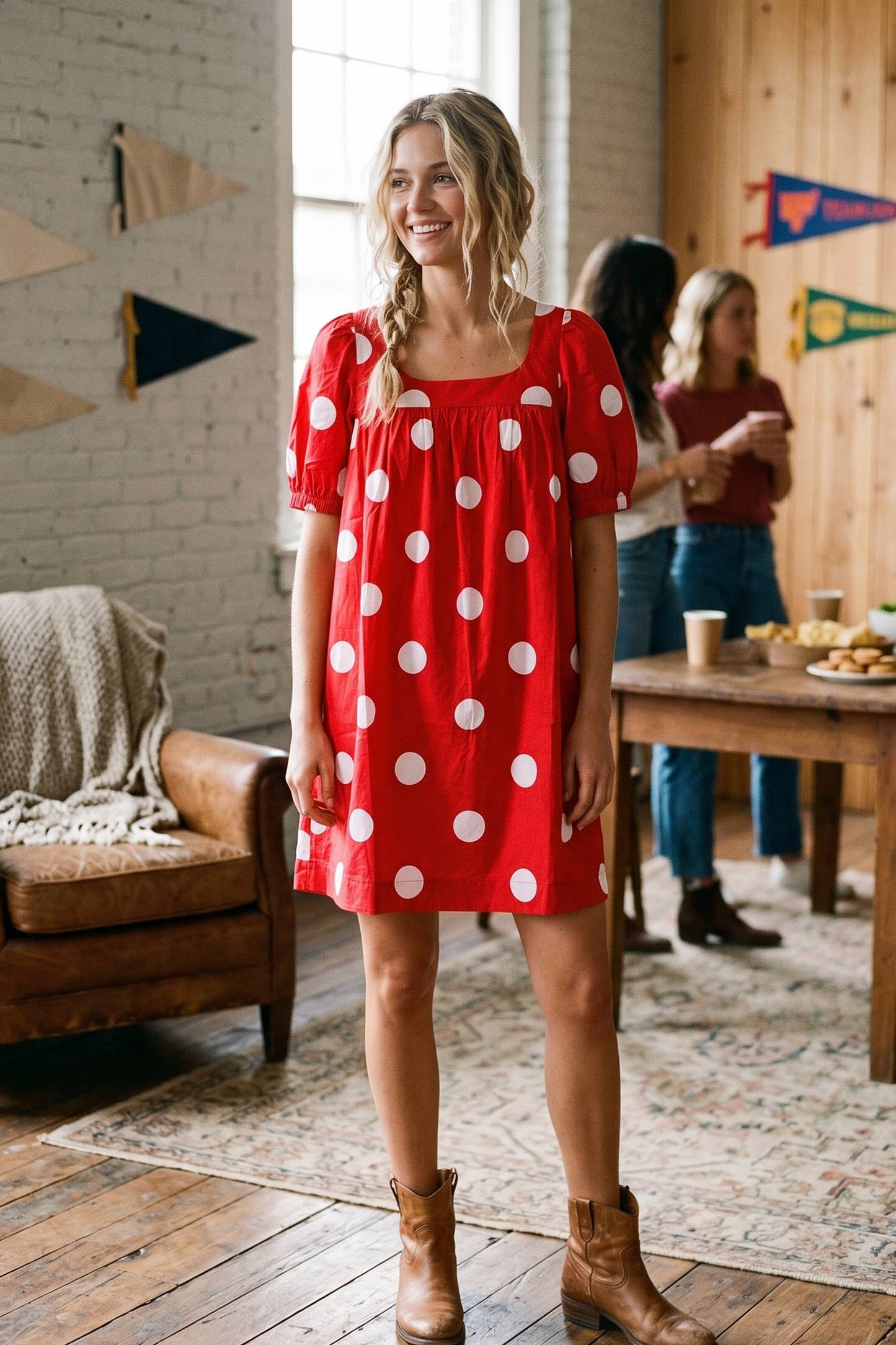 Gameday Polka Dot Puff Sleeve Dress: RED/BLACK / L