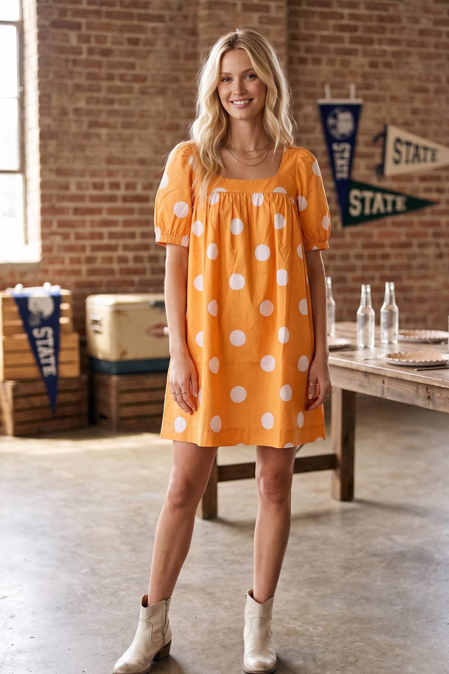Gameday Polka Dot Puff Sleeve Dress: RED/BLACK / L