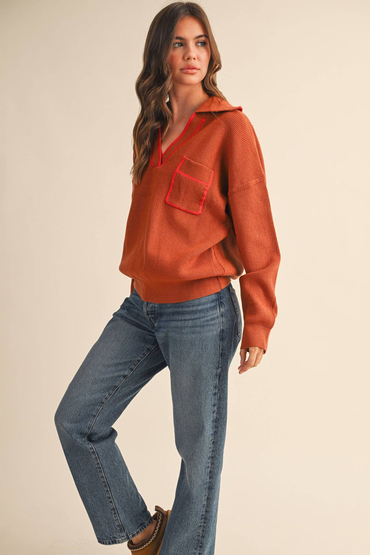 Ginger Ribbed Collared V-Neck Pullover Sweater