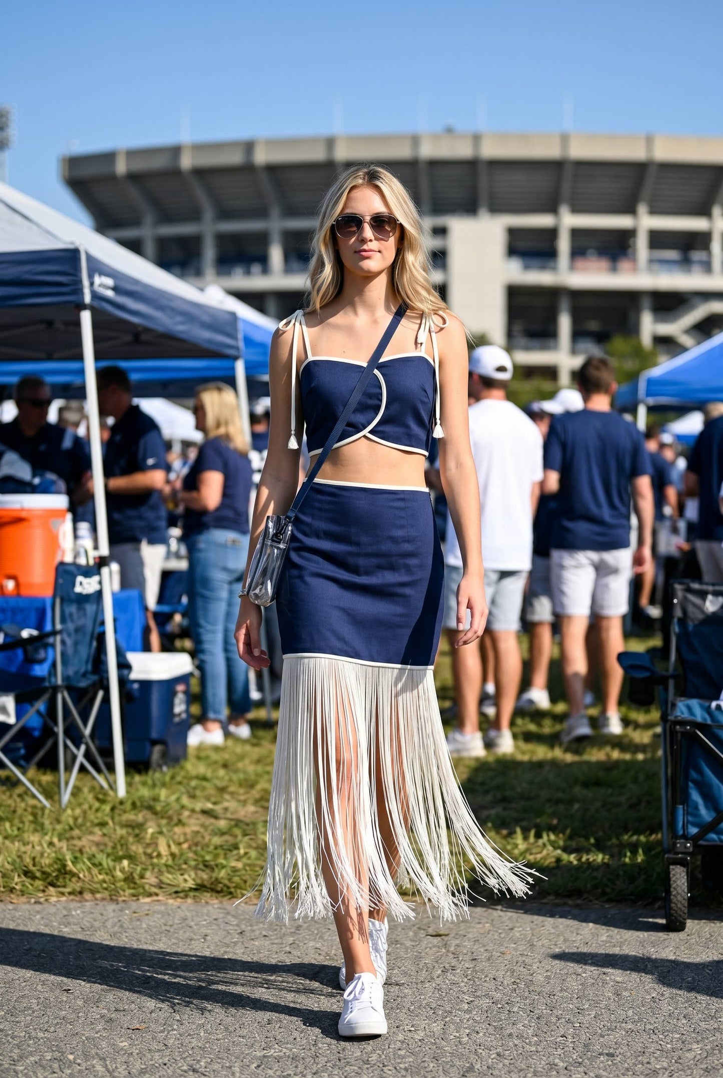 Large scalloped overlapping panels top and skirt set: NAVY / L