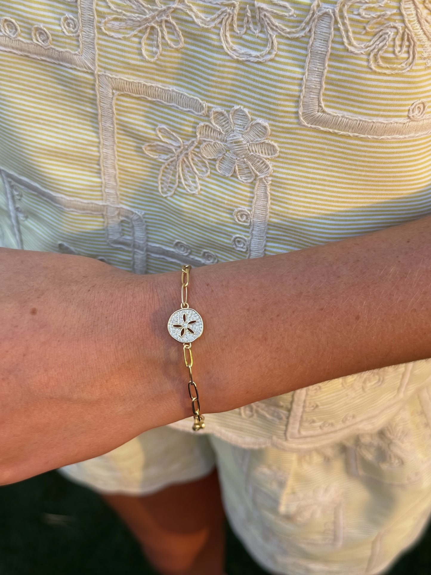 Gold Sand Dollar Bracelet | Adjustable Beach Charm Bracelet | CZ Pave Coastal Jewelry | 18K Gold Plated Slider Bracelet Gift for Her