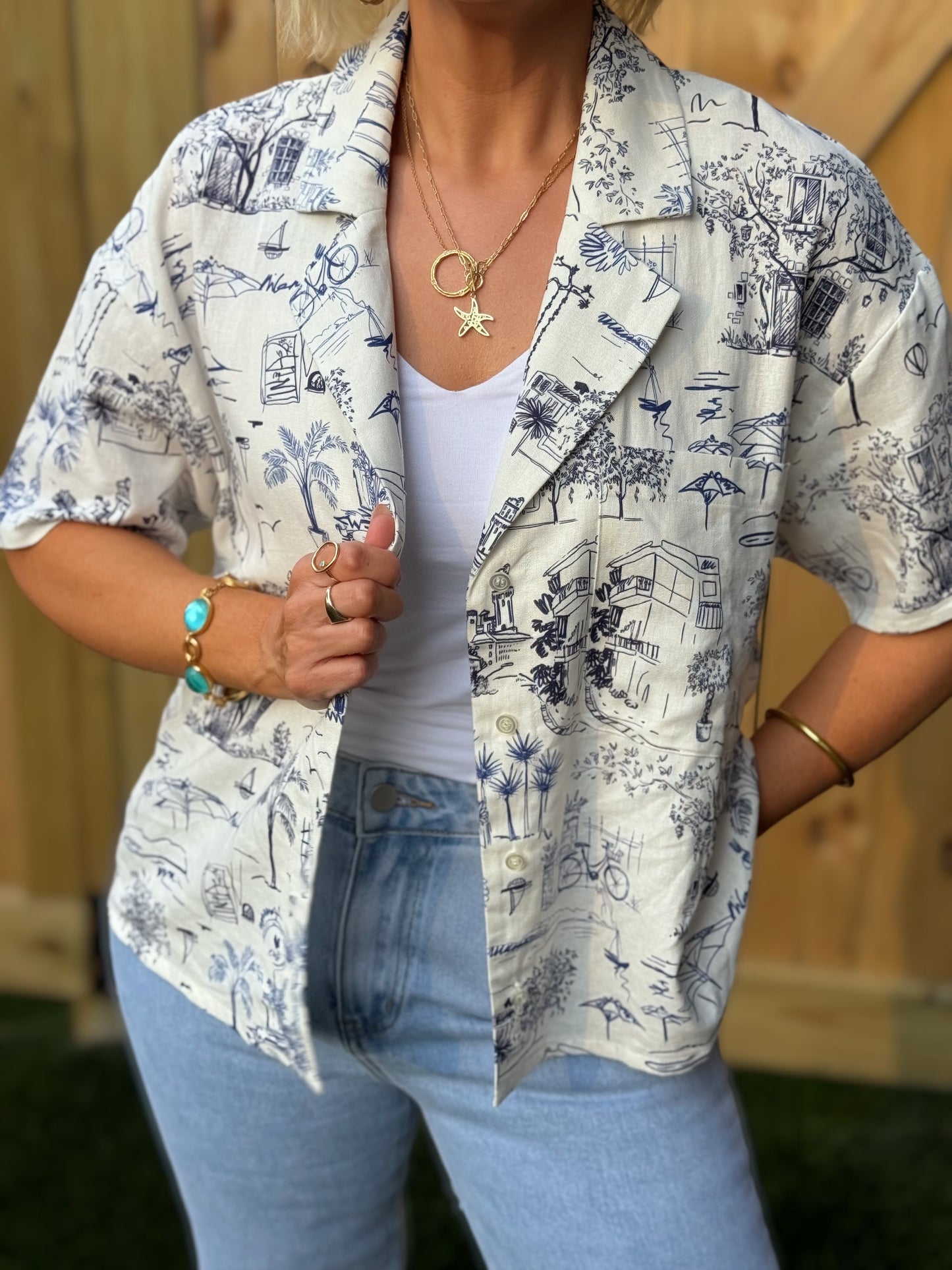 Chemise boutonnée en lin imprimé | Blouse femme fluide à manches courtes | Haut d'été léger | Chemise de vacances coupe décontractée