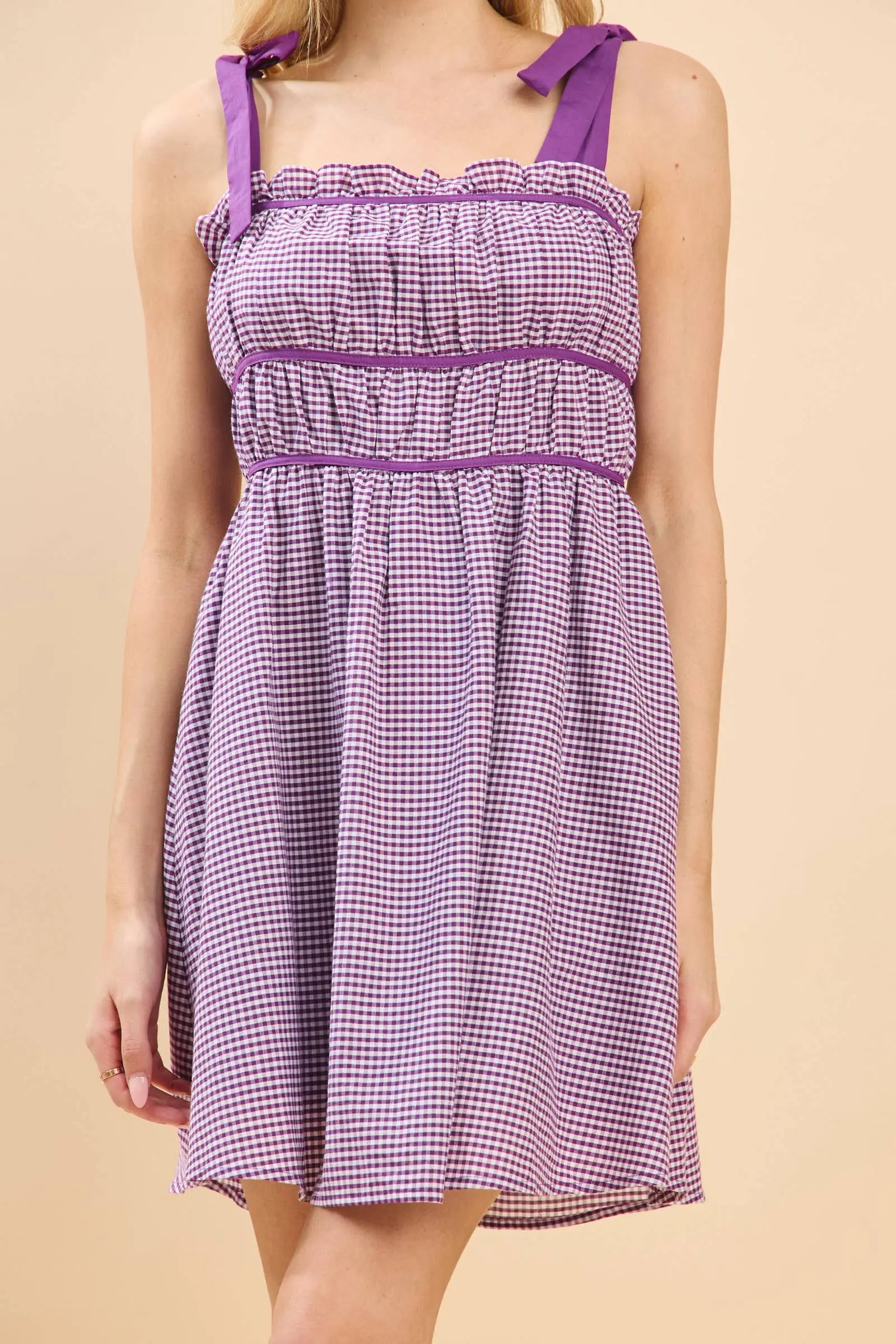 Gameday Cotton plaid print mini dress with binding details : PURPLE / S BABY PINK