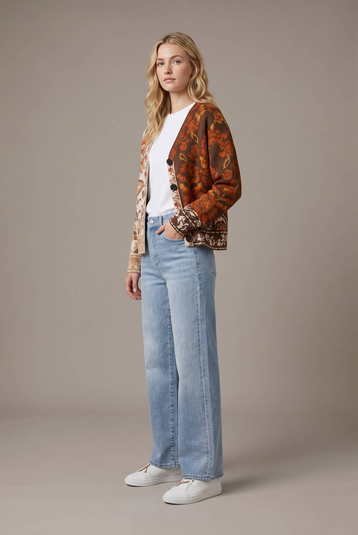 Rustic Fall Mixed Floral Jacquard Button-Front Cardigan