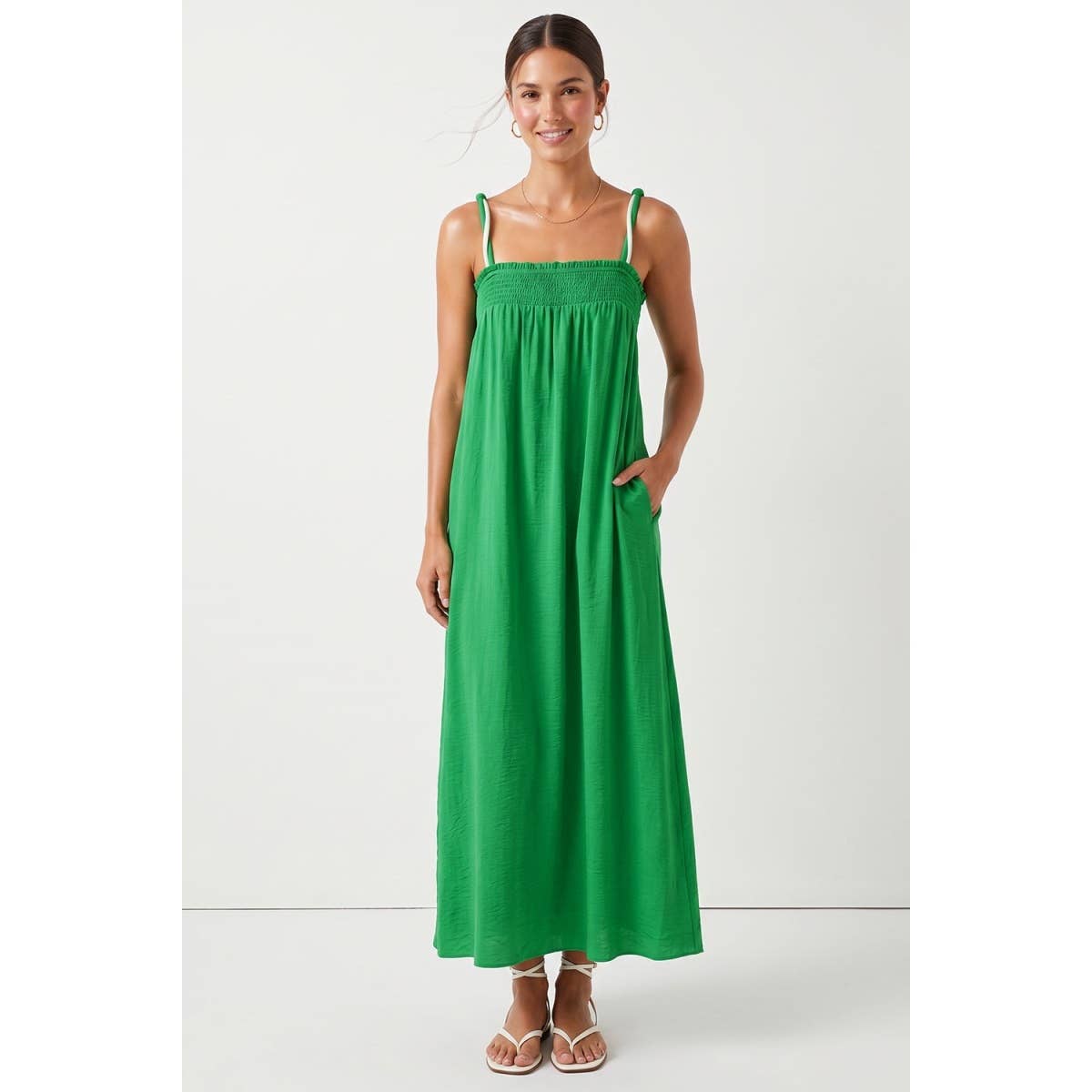 Cord Detail Smocking Maxi Dress: Peridot / L