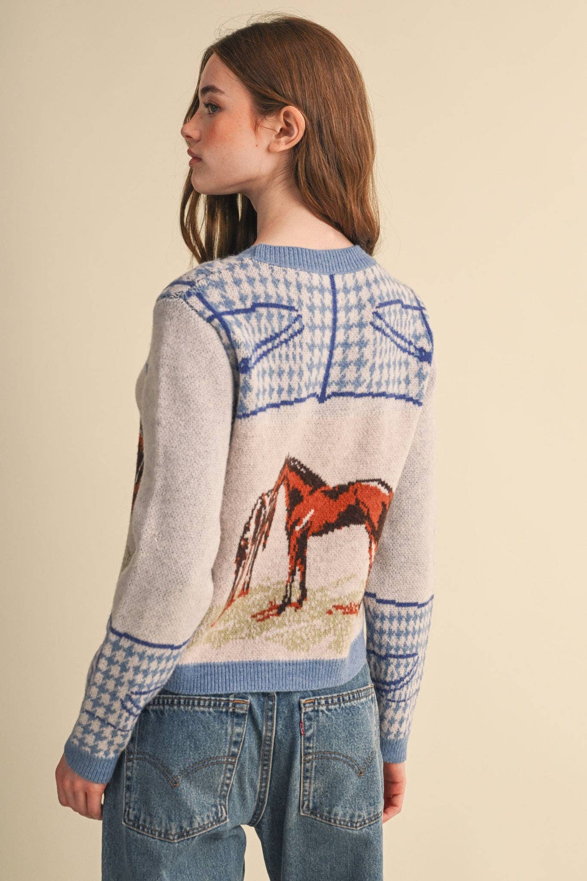 Dusty Blue Horse Motif Houndstooth Knit Sweater