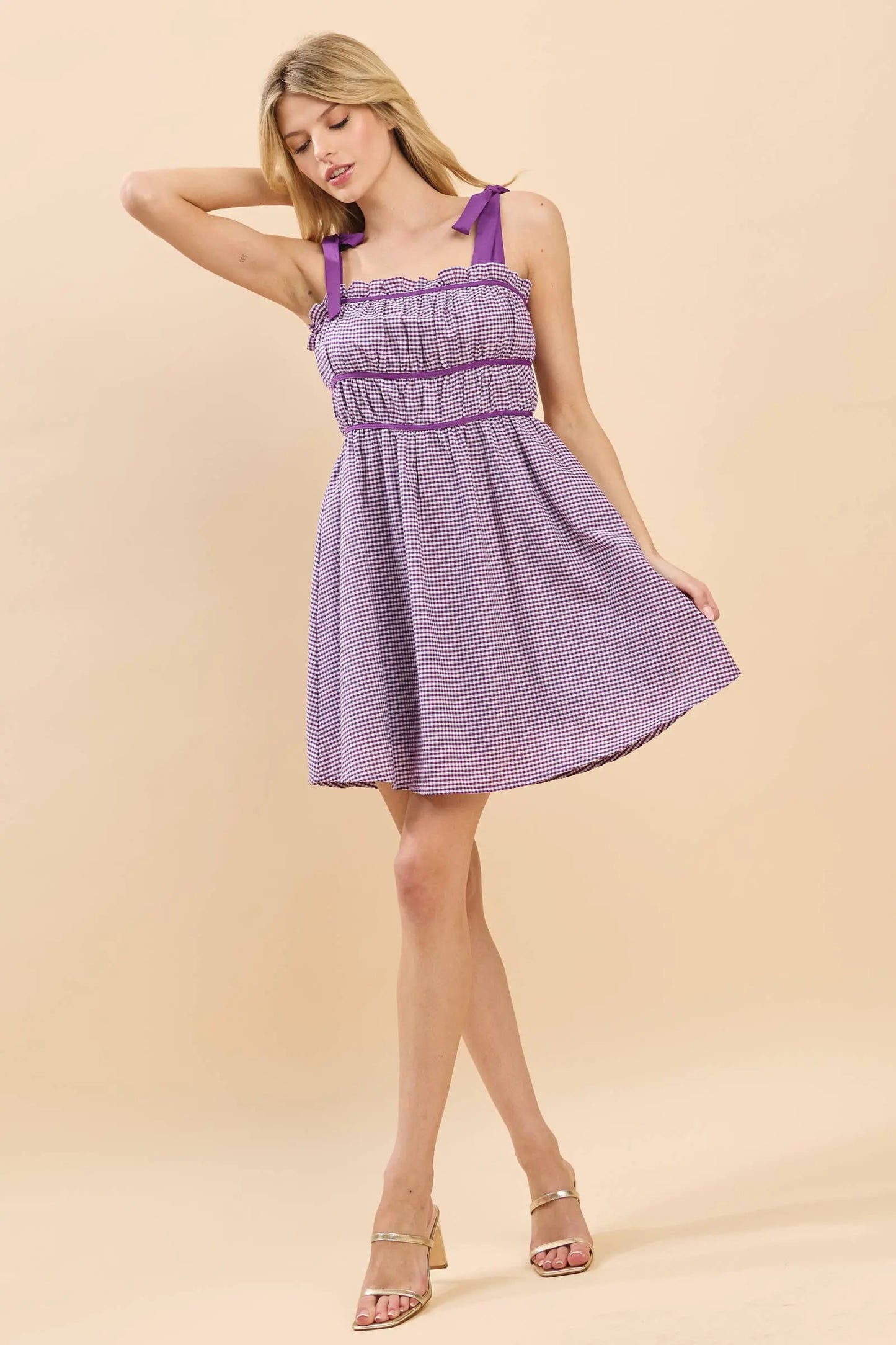 Gameday Cotton plaid print mini dress with binding details : PURPLE / S BABY PINK