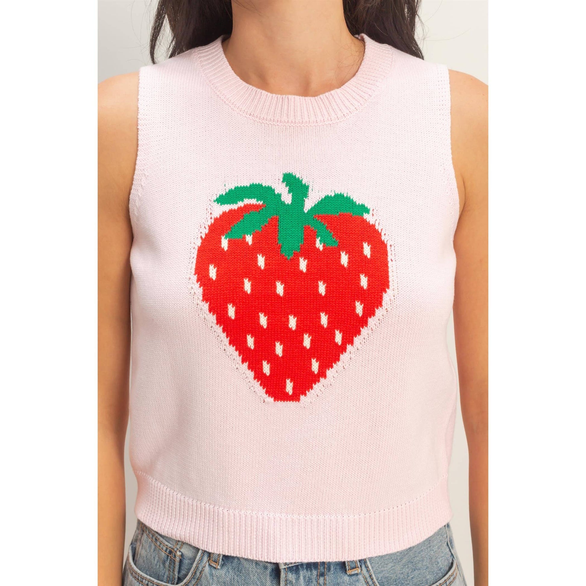 strawberry graphic knit tank top women cropped fitted sleeveless cute summer outfit top