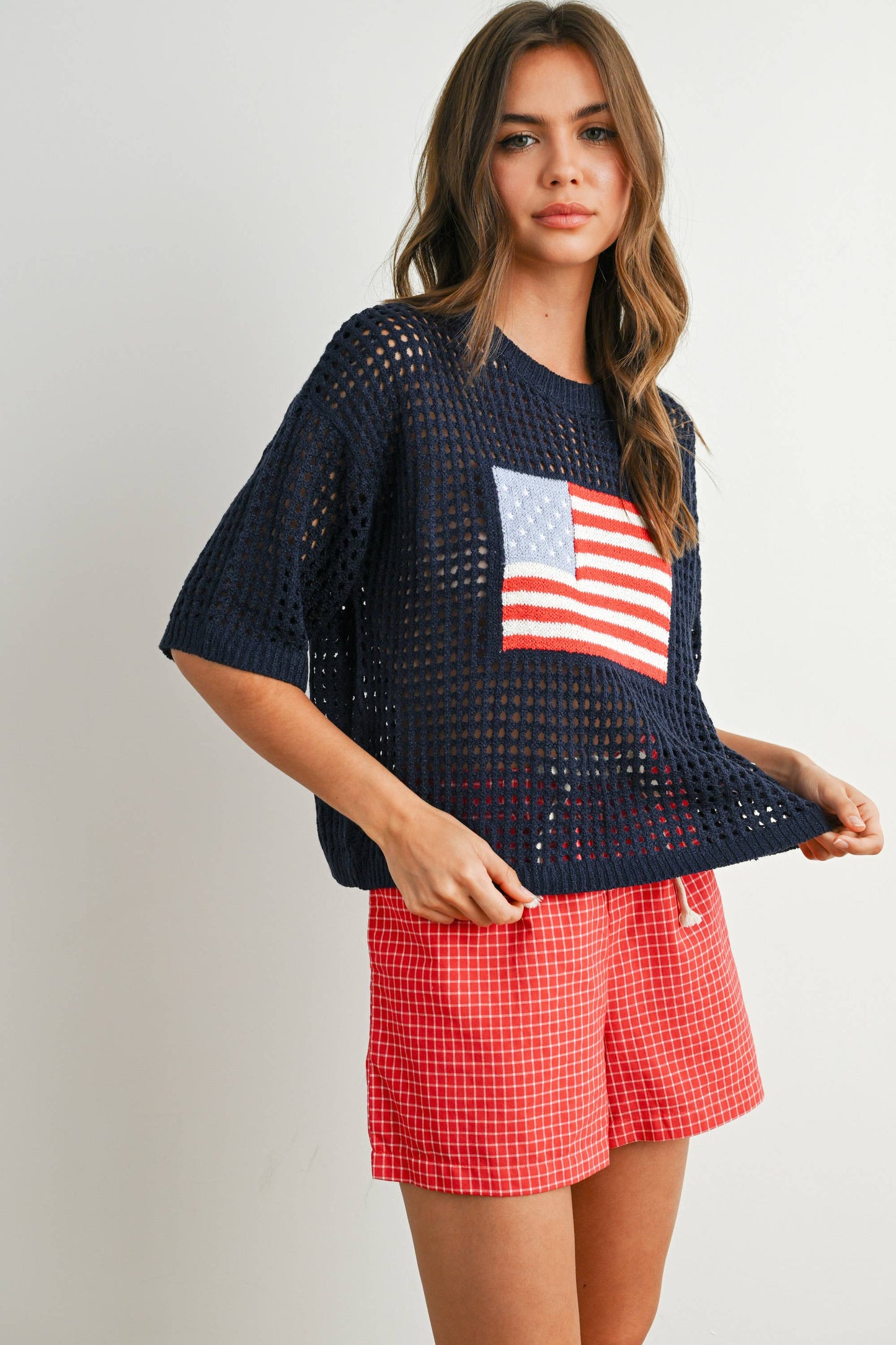 American Flag Open Knit Sweater Top | Lightweight Patriotic Crochet Pullover