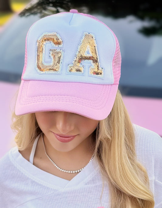 Judith March White & Pink Trucker Hat With Gold Sequin “GA”