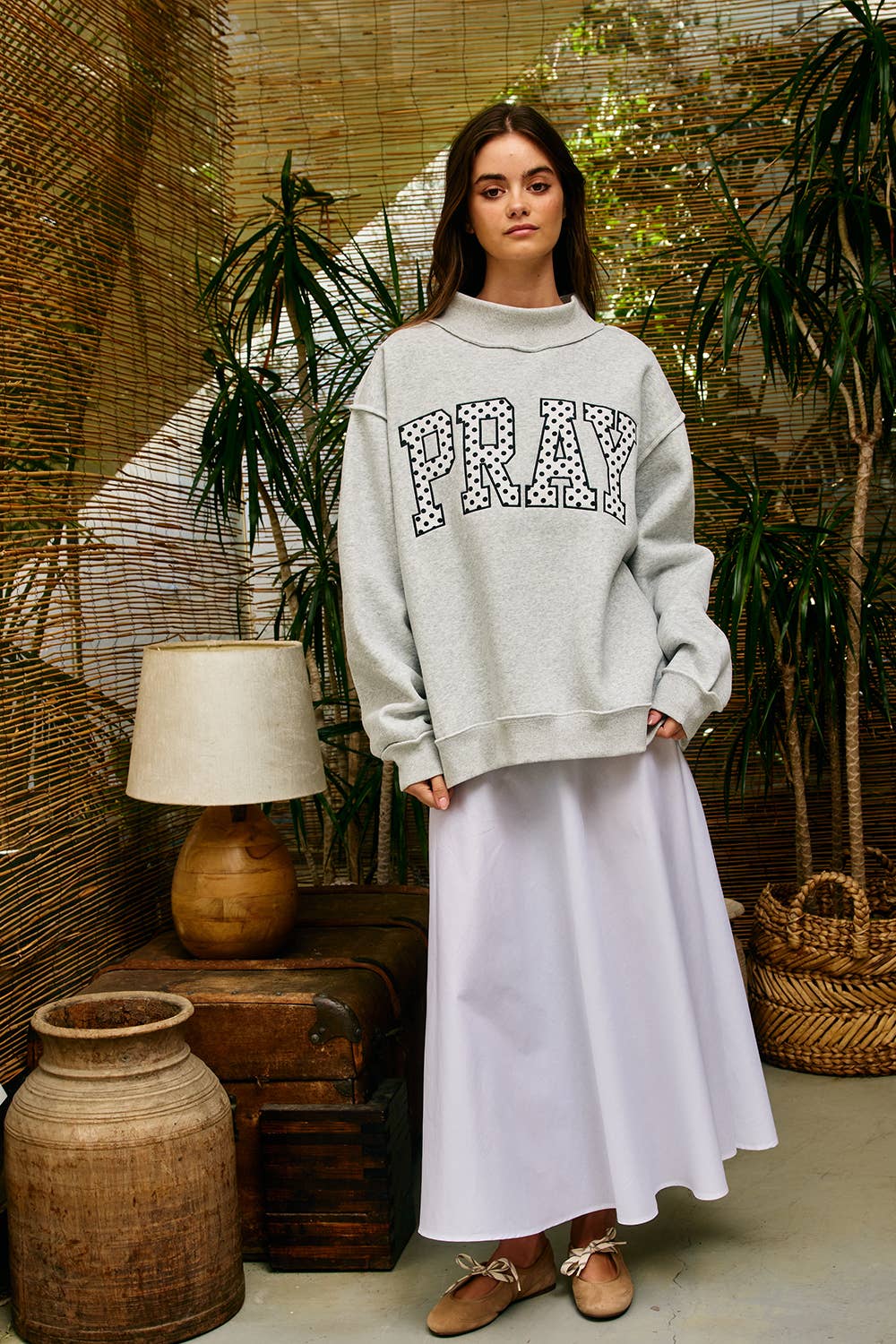 Polka Dot PRAY Appliqué Oversized Mock Neck Sweatshirt