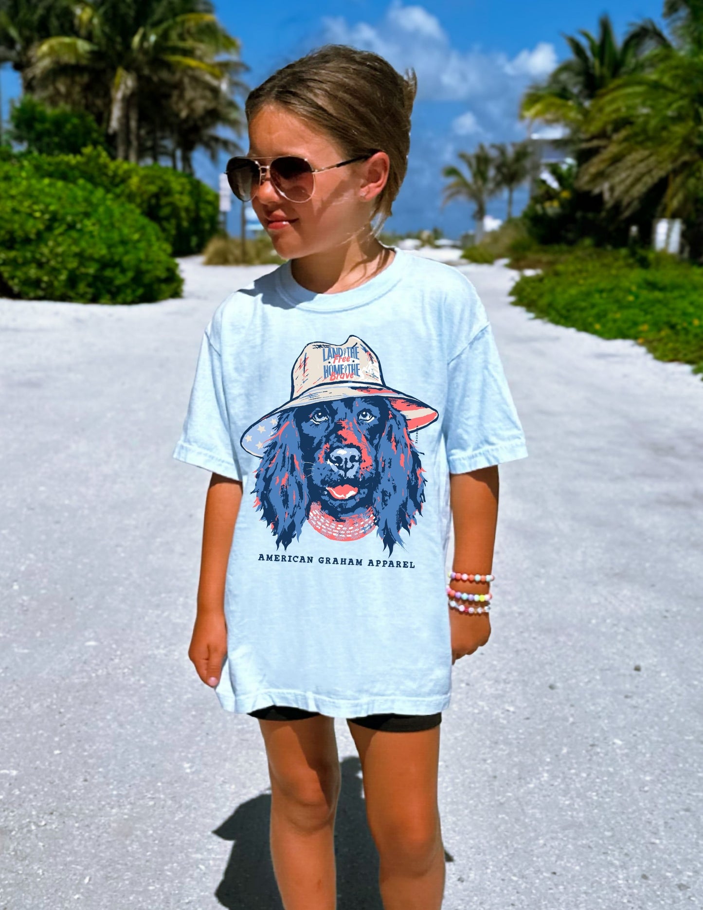 Youth Land of the Free Dog Patriotic Graphic T-Shirt | USA Flag Dog Tee