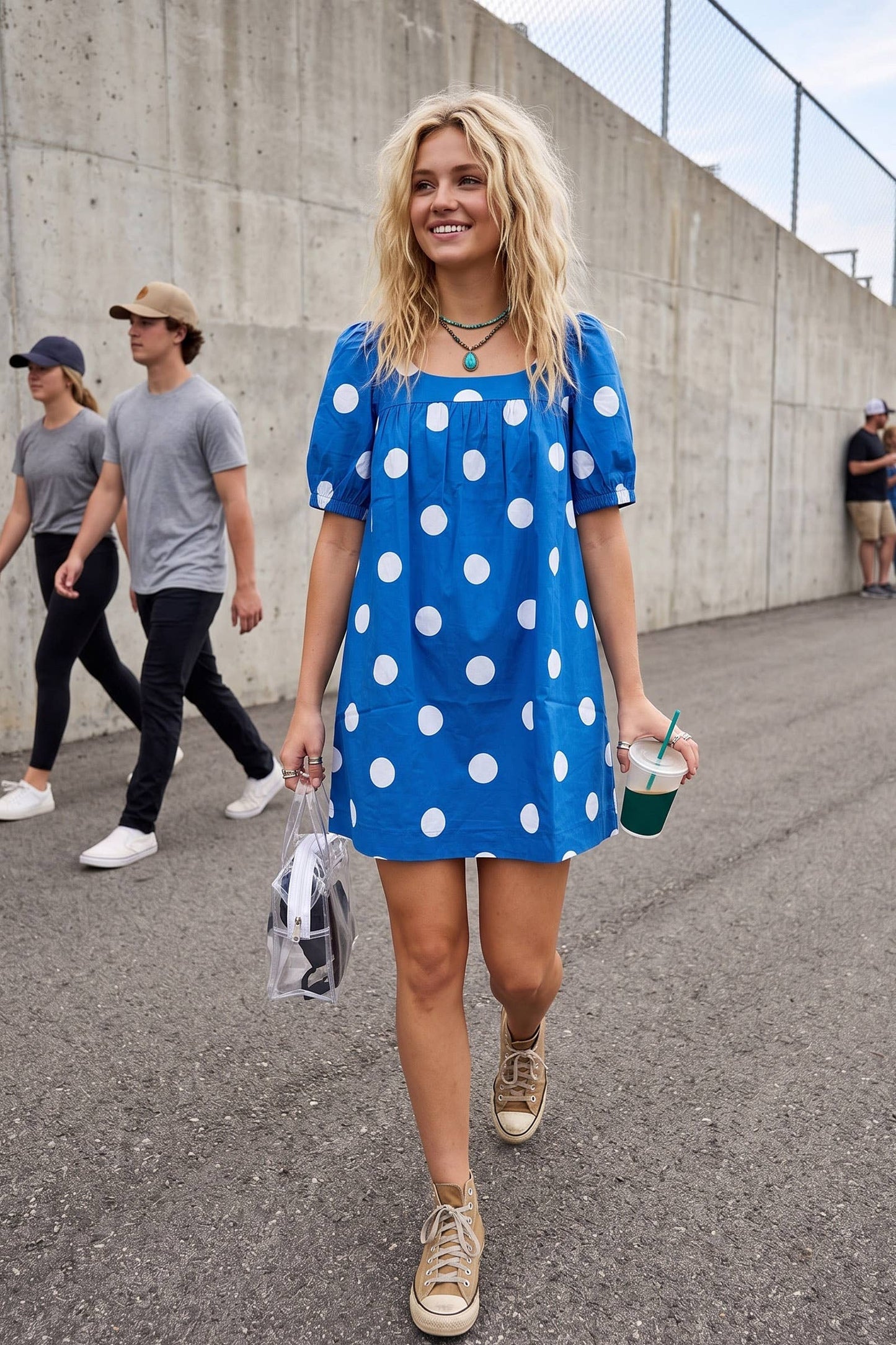 Gameday Polka Dot Puff Sleeve Dress: RED/BLACK / L
