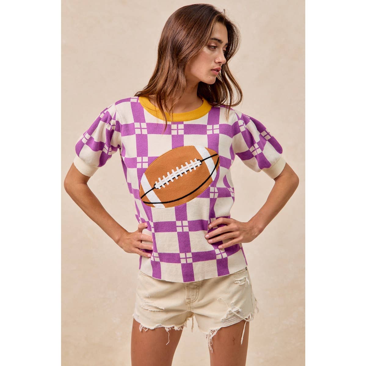 GAMEDAY THEME CHECKER PATTERN FOOTBALL PATCHED TOP: PURPLE/GOLD / L