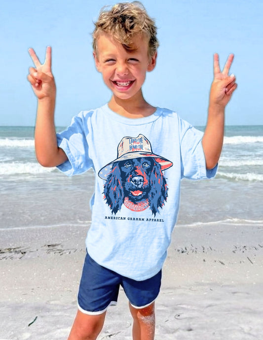 Youth Land of the Free Dog Patriotic Graphic T-Shirt | USA Flag Dog Tee